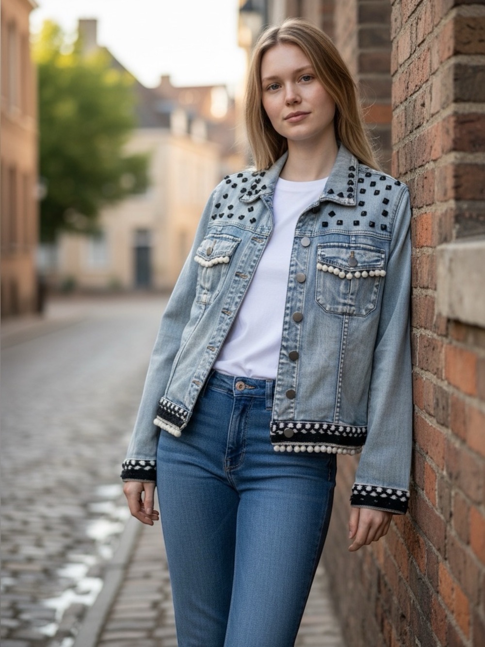 Kut from the Kloth Jean Jacket with cute black and white embellishments